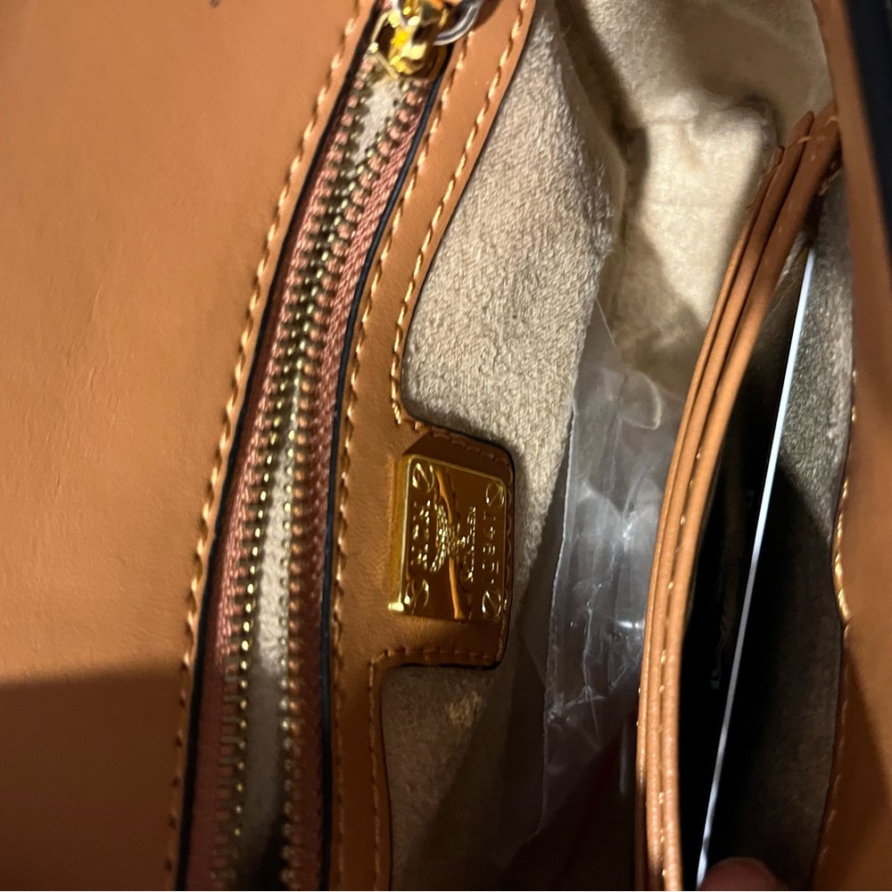 MCM Cognac Logo Print small Crossbody with Gold Lock - Picture 2 of 3